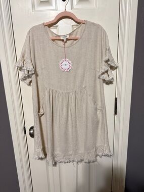 Umgee Beige Fringed Short Sleeve Dress